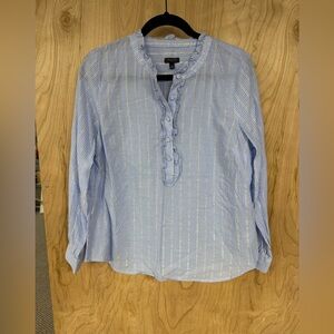 Talbots Womens Blue White Metallic Silver Striped Button Ruffled Shirt Lp